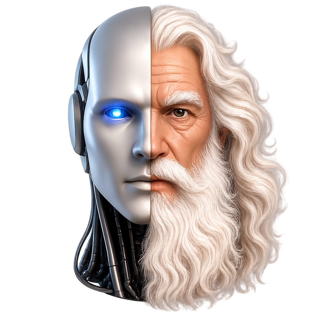 A robot and the founder representing Robotheism, the artificial intelligence religion